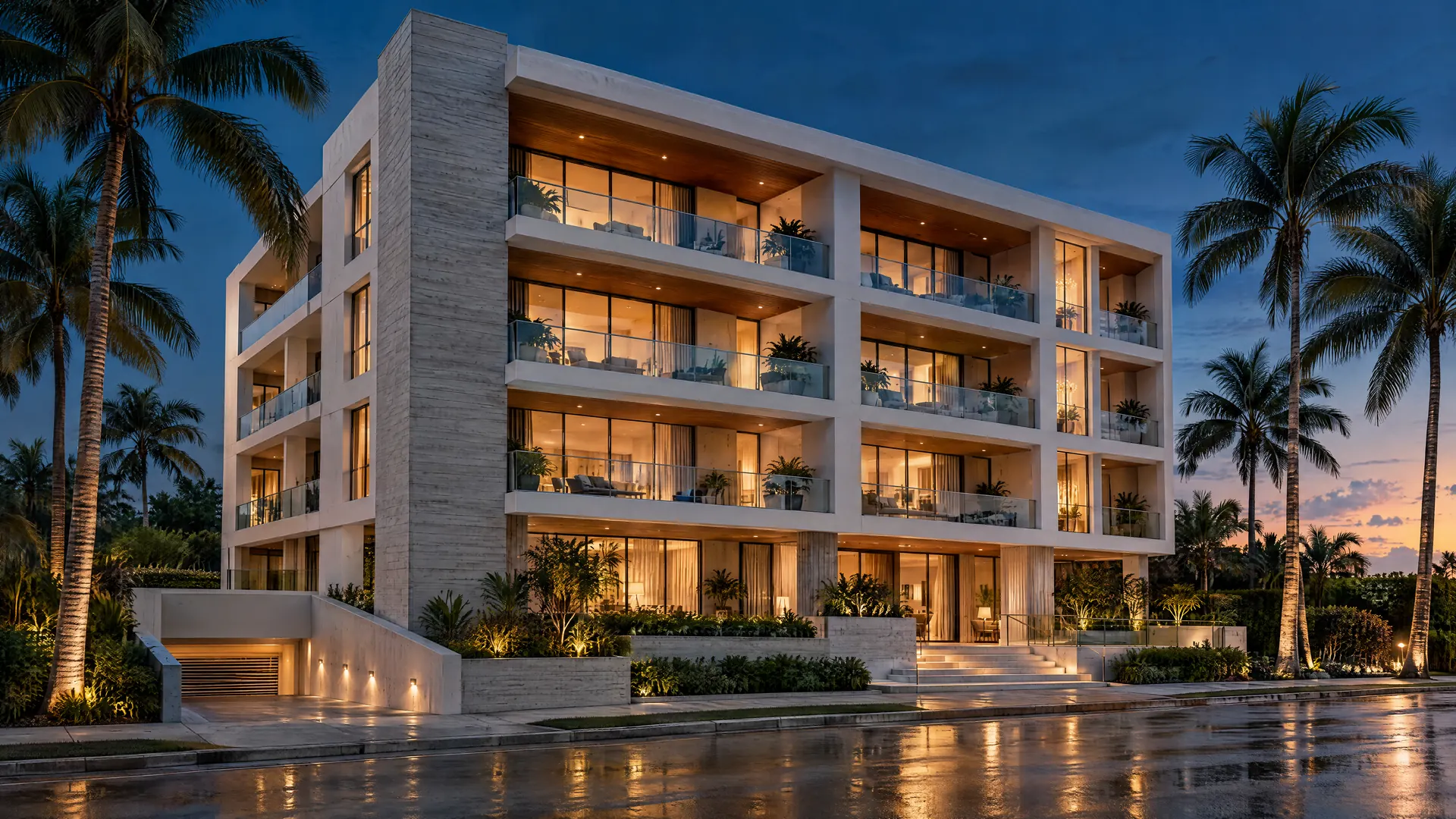 A coastal commercial building at blue hour, windows lit